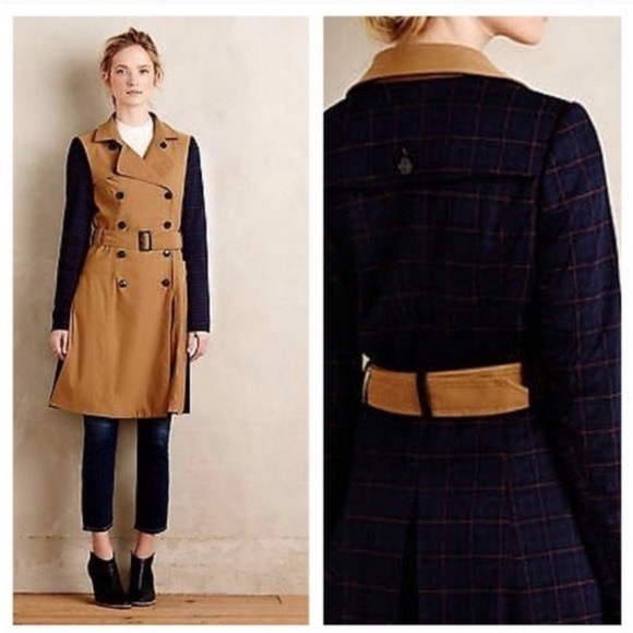 Anthropologie // Harlyn Tan Double-Breasted Trench Coat with Navy Plaid Detail - Picture 2 of 16